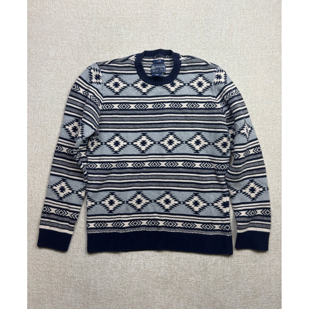 American Rag Mens Southwestern Geometric Cotton Crewneck Sweater Blue Navy Large